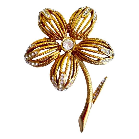 Goldtone and Rhinestone Single Flower on Stem Brooch Filigree 3" - Picture 2 of 5